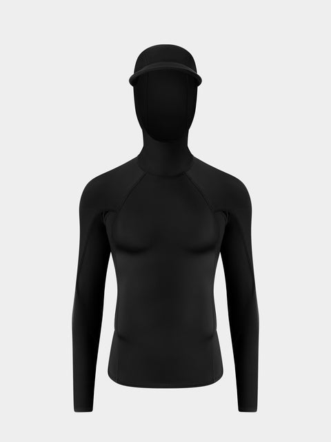 Black rash guard with a hood on a light gray background