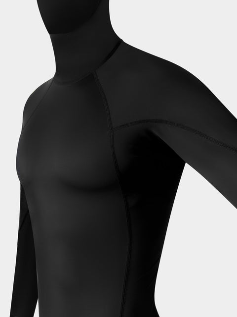 Black hooded rash guard on a mannequin against a white background