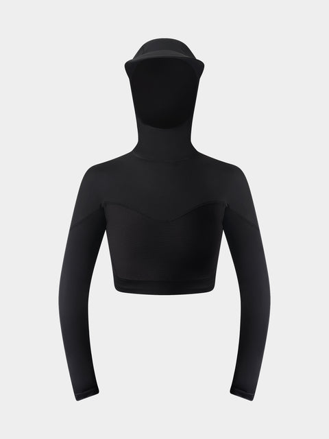 Black long-sleeve cropped rashguard with a hood on a light gray background